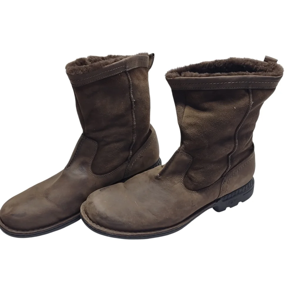 UGG Men's Size 15 Brown Leather/Suede Pull-On Boots Sheepskin Fur Lining